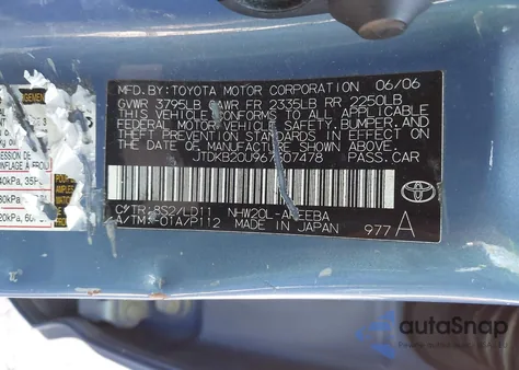 2006 Toyota Prius z USA, uszkodzony, nr VIN JTDKB2OU967507478